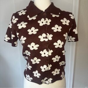 Brown Floral Button-Up Knit Top